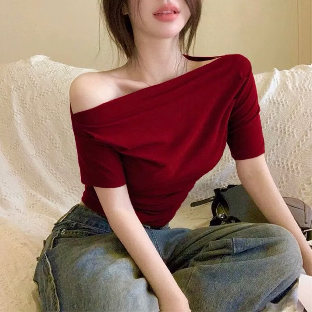 Áo Thun Nữ Trễ Vai Cộc Tay Nữ cotton Co Giãn mịn mát | BigBuy360 - bigbuy360.vn