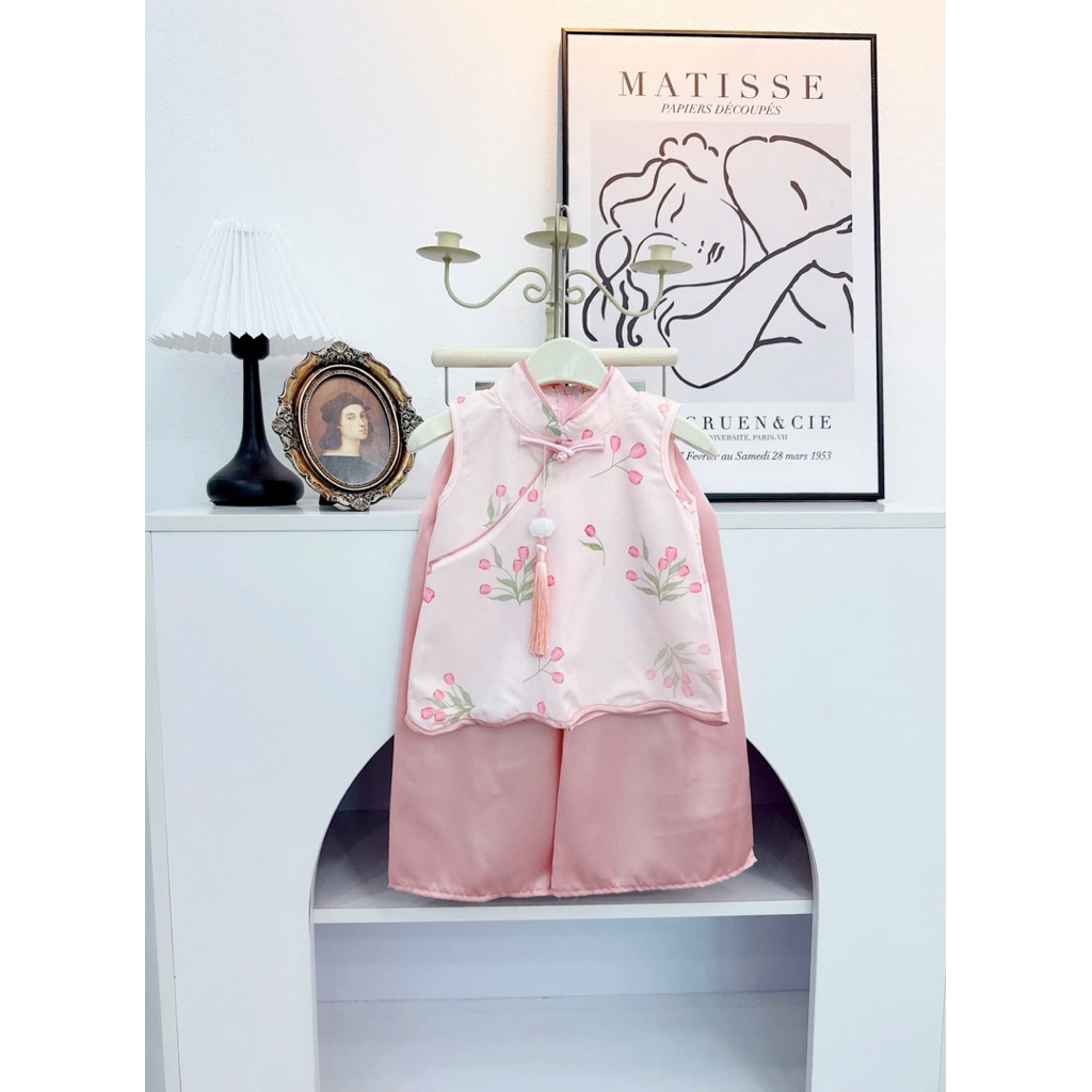 Váy  sườn xám Hồng cho bé gái , váy trung thu bé gái , váy bé gái thiết kế sườn xám cách điệu size 6