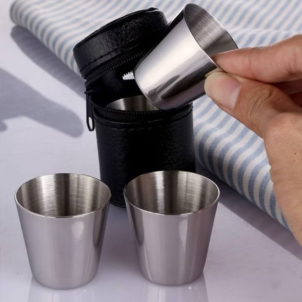 Set 4 cốc uống nước bằng thép không gỉ kèm túi đựng tiện dụng đi du lịch, camping, bartender