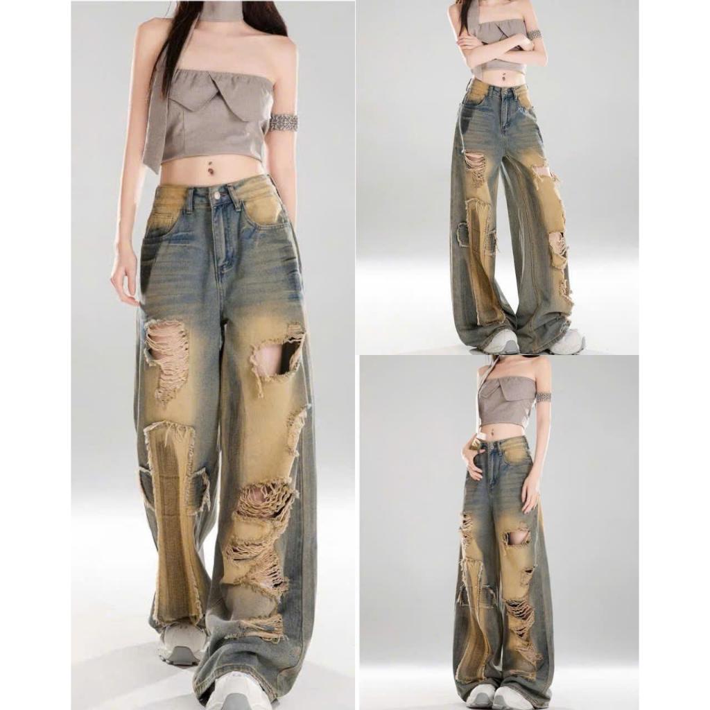 ( DÀI 102CM) QUẦN JEANS NỮ DÀI 102CM XANH PHỦ VÀNG RÁCH BỤI TẠO MẢNG SIÊU ĐẸP, QUẦN BÒ NỮ KHÔNG GIÃN