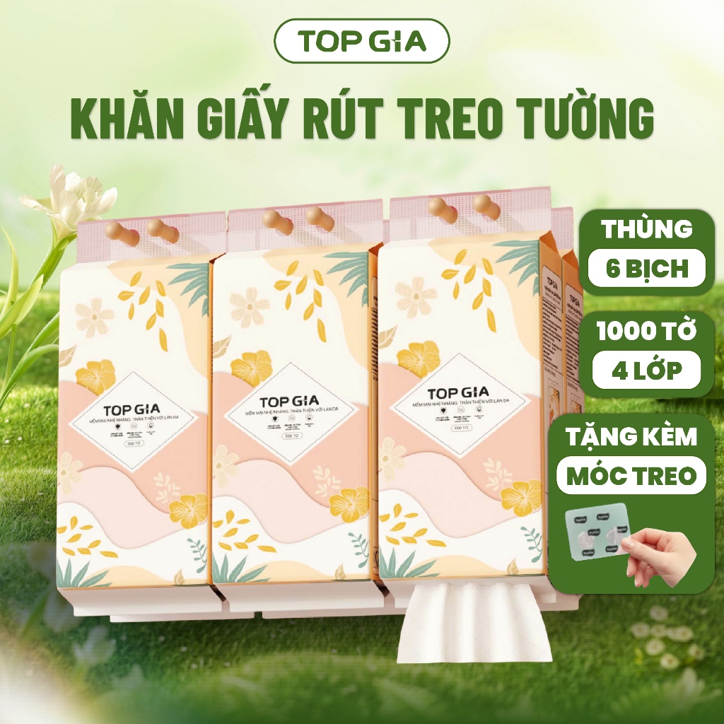 Khăn Giấy Rút Treo Tường Top Gia Thùng 6 Bịch Tiểu Hạ 1000 Tờ/4 Lớp, Bột Giấy Từ Thiên Nhiên An Toàn Cho Sức Khỏe