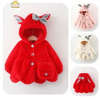  Áo khoác có nón trùm đầu tai thỏ nơ kèm túi len xù giữ ấm thu đông trẻ em Áo choàng lông cho bé đi du lịch Lạnh Đà Lạt 