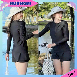 đồ bơi nữ kín đáo,áo dài tay khoá kéo,quần đùi 2 lớp ĐEN TRƠN