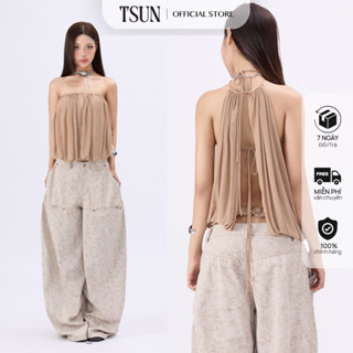  TSUN - Áo Capuchino Cúp Ngực Trễ Vai Rút Dây Đa Năng Lưới Xuyên Thấu Màu Be 