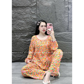  KA98 - Đồ Bộ Tole Lanh Áo Cổ Tròn Phối Viền Tay Dài Cài Nút Quần Dài 