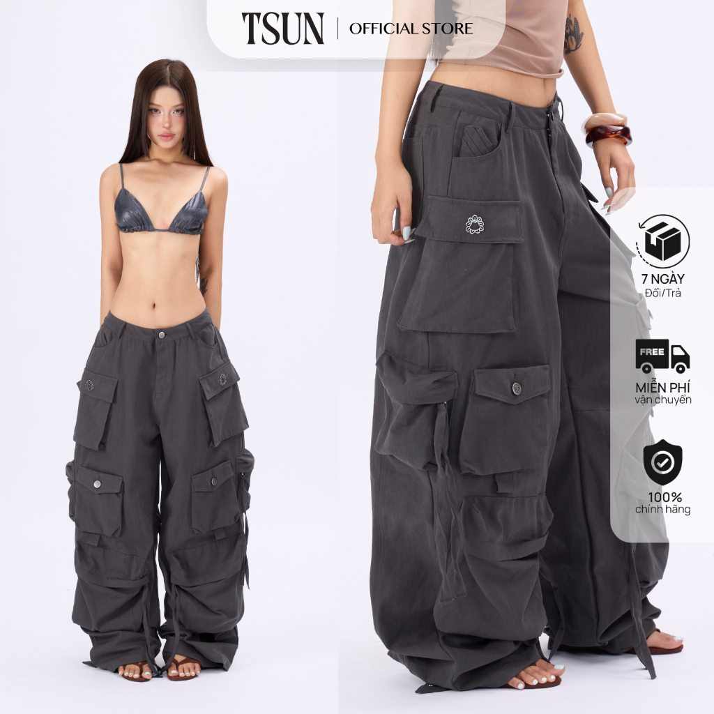 TSUN - Quần Cargo Ống Rộng Baggy Cạp Thấp Nhiều Túi Hộp Xám Than Kaki Y2K Streetwear Cao Cấp | BigBuy360 - bigbuy360.vn