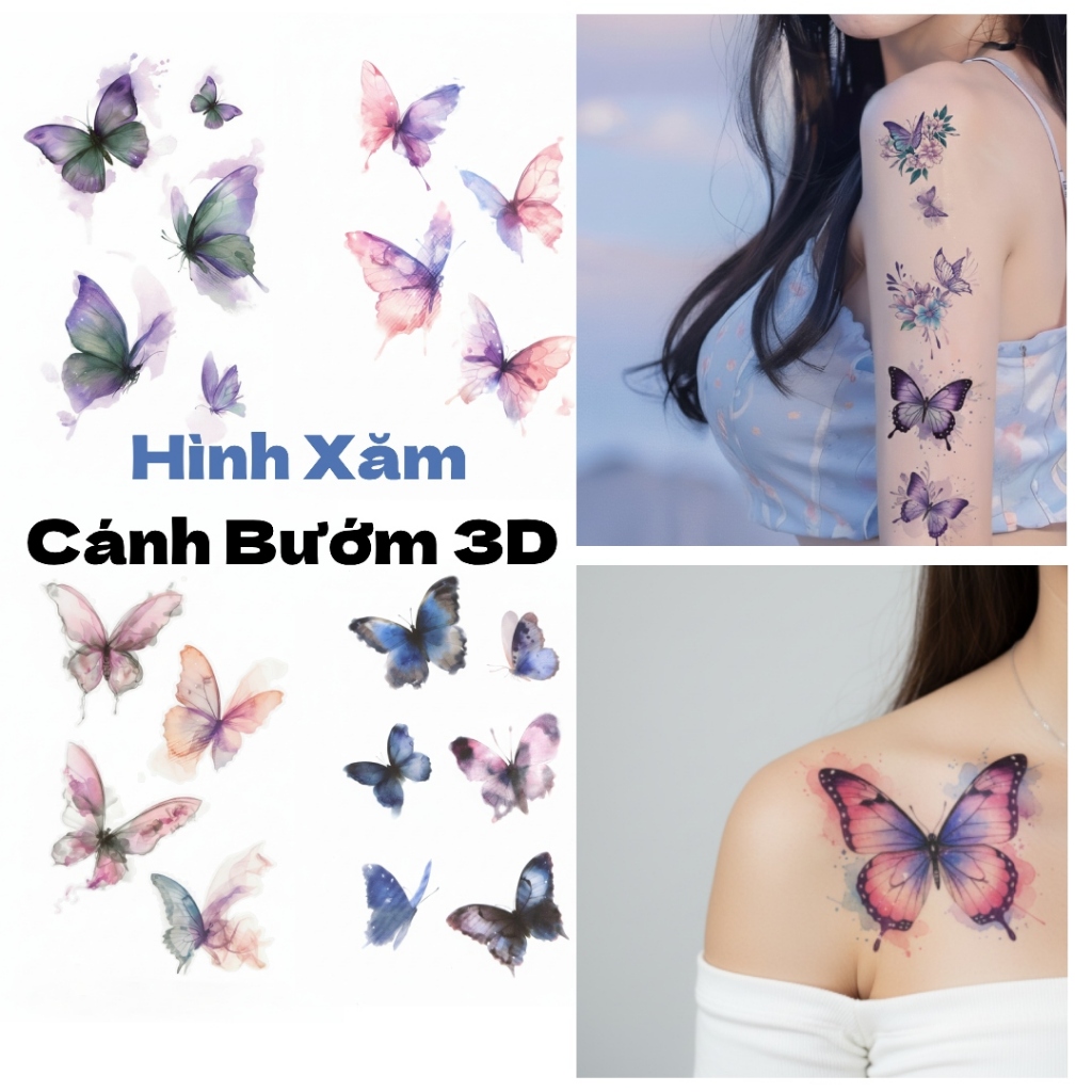 Unigu hình xăm cánh bướm siêu thực 3D | miếng dán xăm hình bướm dán đuôi mắt | hình xăm dán