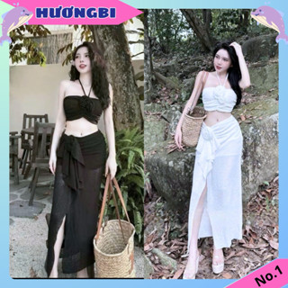  Đồ đi biển áo bông quây dài phối bông mix trắng,đen ren cao cấp 