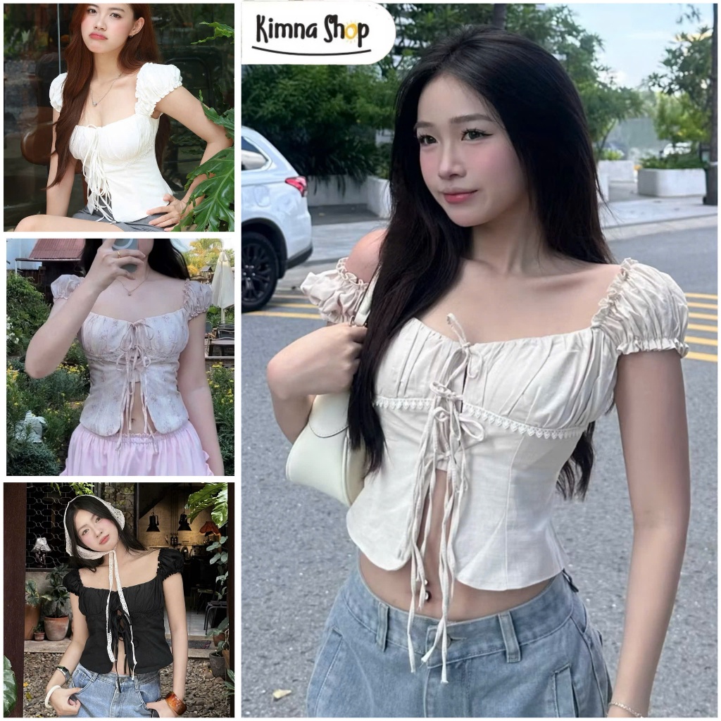   CÓ MÚT NGỰC  Áo Trễ Vai Tay Bèo Xẻ Trước Chun Lưng 2 Lớp Dày Dặn Phong Cách Tiểu Thư 