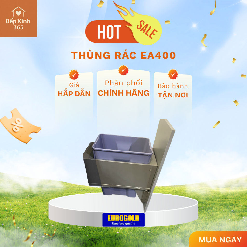 Thùng Rác Inox Eurogold EA400 – Thiết Kế Đơn Gắn Cánh Âm Tủ Tiện Lợi