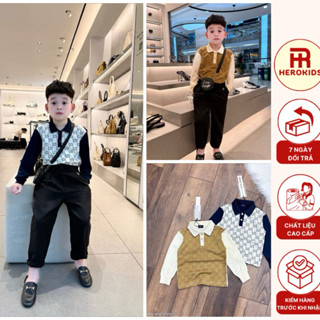 Áo polo dài tay bé trai cổ bẻ cotton gai cá sấu phối màu tay áo + hoạ tiết monogram siêu đẹp phong cách boy phố 2105