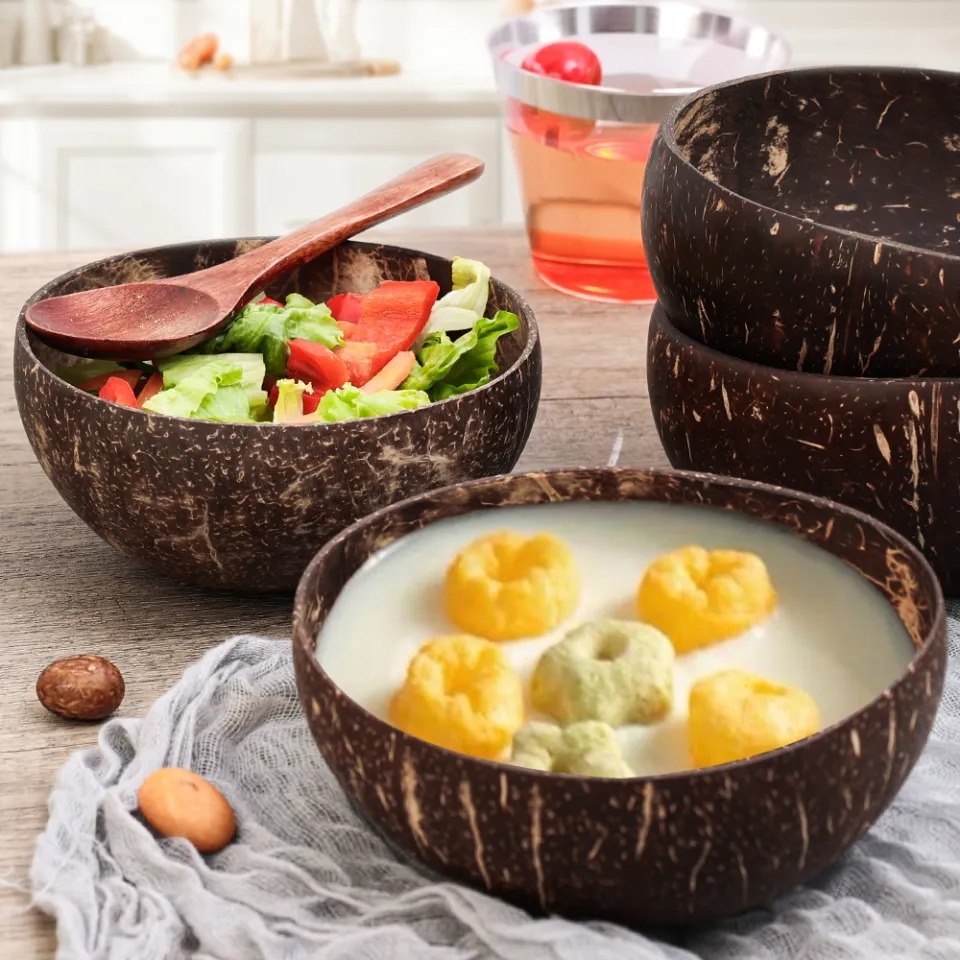 Bát gáo dừa trộn salad, sữa chua, ngũ cốc, đựng thực phẩm