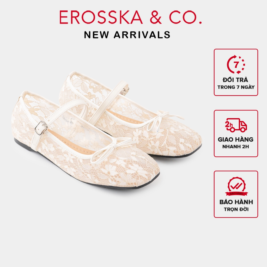  Erosska -  FORM TO LÙI 1 SIZE  - Giày búp bê nữ balletcore lưới nơ màu trắng kem cao 1cm - EL085 