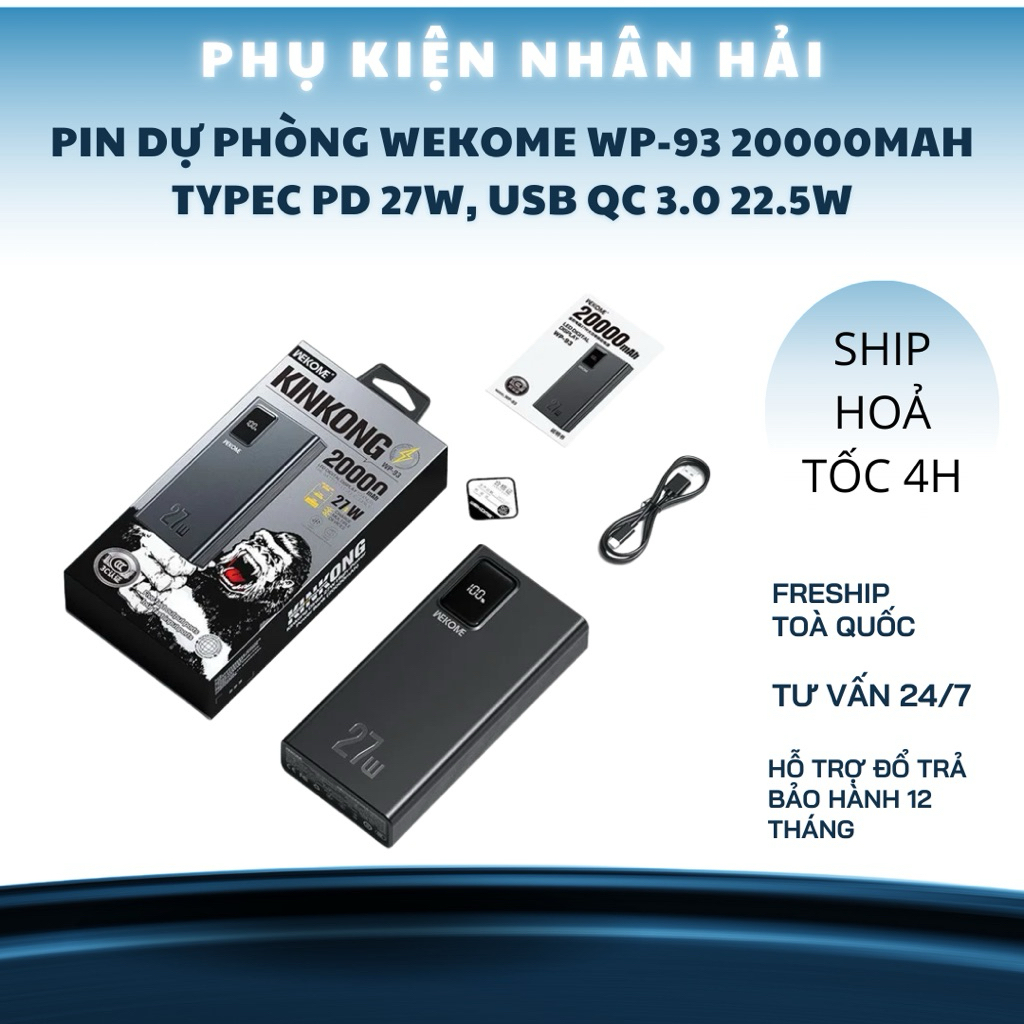 ( CÓ 3C / CCC ) Pin Sạc dự phòng Sạc Nhanh KINHKONG WEKOME WP-93 20000mah TypeC PD 27W, USB QC 3.0 2