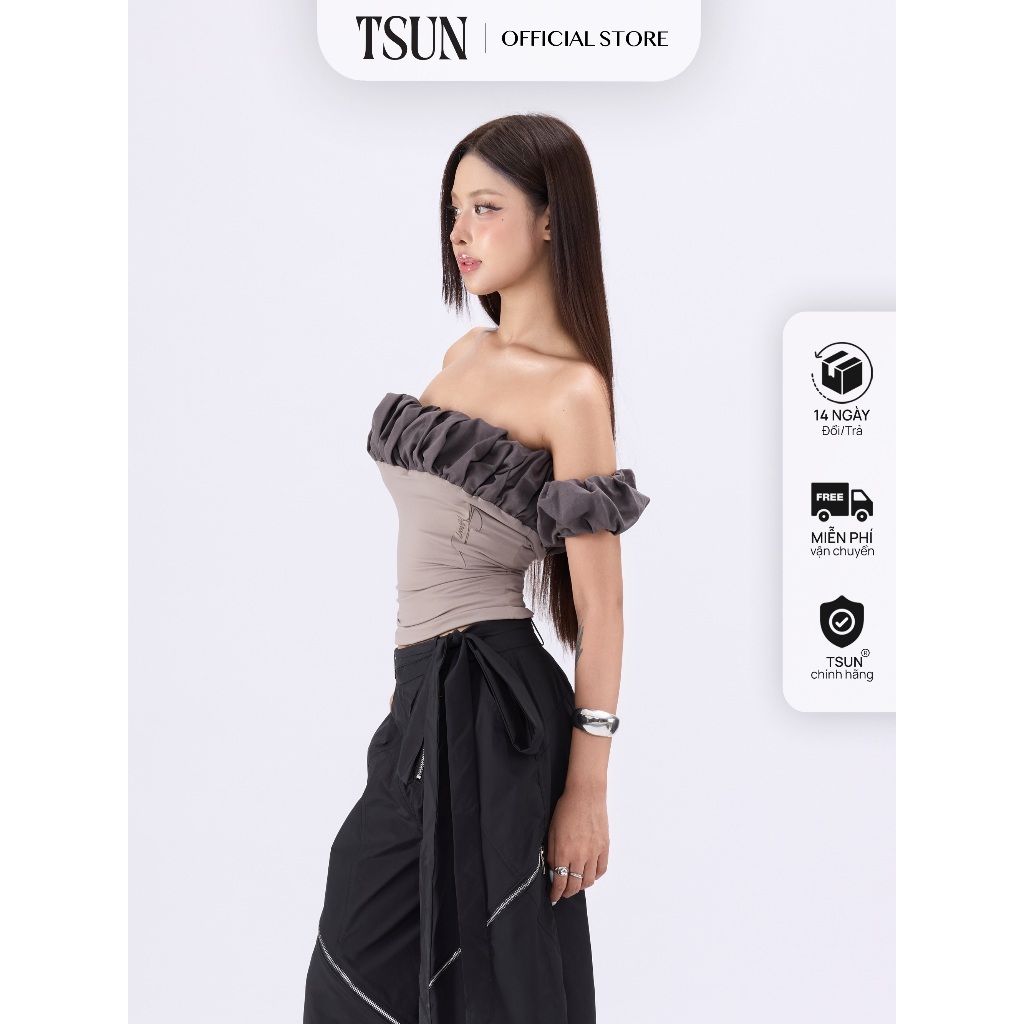TSUN - Layla Top Áo Ống Cúp Ngực Nữ Phối Bèo Nhún Ôm Body Màu Xám Y2K Cá Tính Quyến Rũ | BigBuy360 - bigbuy360.vn