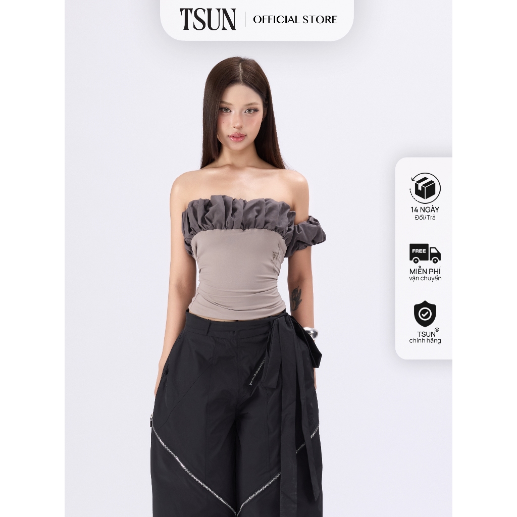 TSUN - Layla Top Áo Ống Cúp Ngực Nữ Phối Bèo Nhún Ôm Body Màu Xám Y2K Cá Tính Quyến Rũ | BigBuy360 - bigbuy360.vn