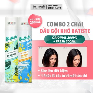 [COMBO 2] Dầu gội khô Batiste 200ml giúp giảm bã nhờn, bết, làm phồng tóc tức thì (Original + Fresh)