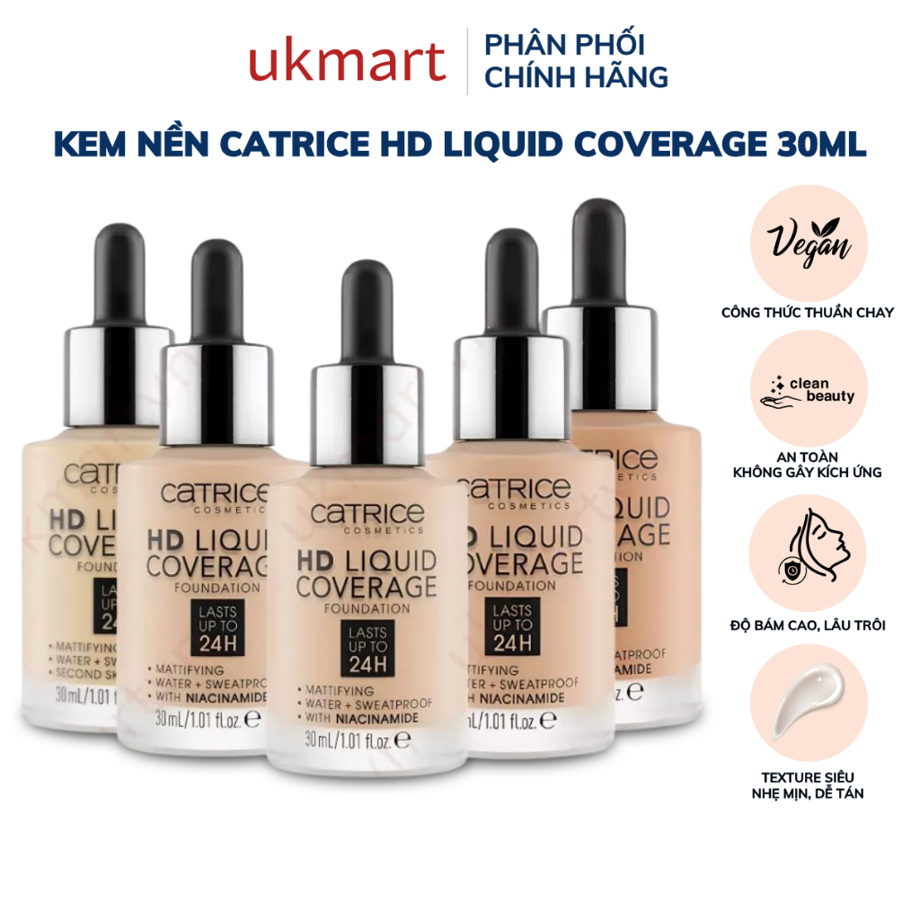 Kem nền Catrice HD Liquid Coverage Foundation che phủ tự nhiên tạo độ mịn màng cho da 30ml
