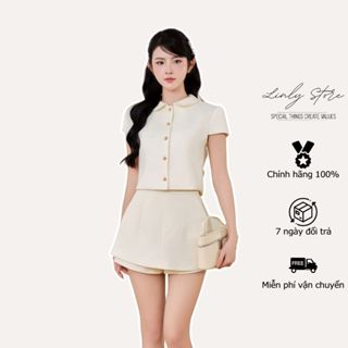 Set áo sơ mi kiểu nữ thiết kế croptop phối cúc và quần váy cạp cao tiểu thư Linly Store A-KIE30