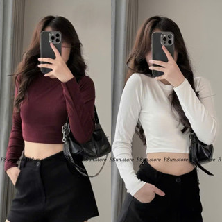  Áo thun cotton croptop nữ ôm body cổ tròn dài tay họa tiết trơn basic RSun Áo croptop tay dài bigsize 474 