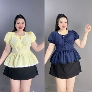  Áo Kiểu Bigsize Nữ Dáng Babydoll Cổ Vuông Tay Bồng Ngắn Tôn Eo Vải Lụa Chéo - A304 