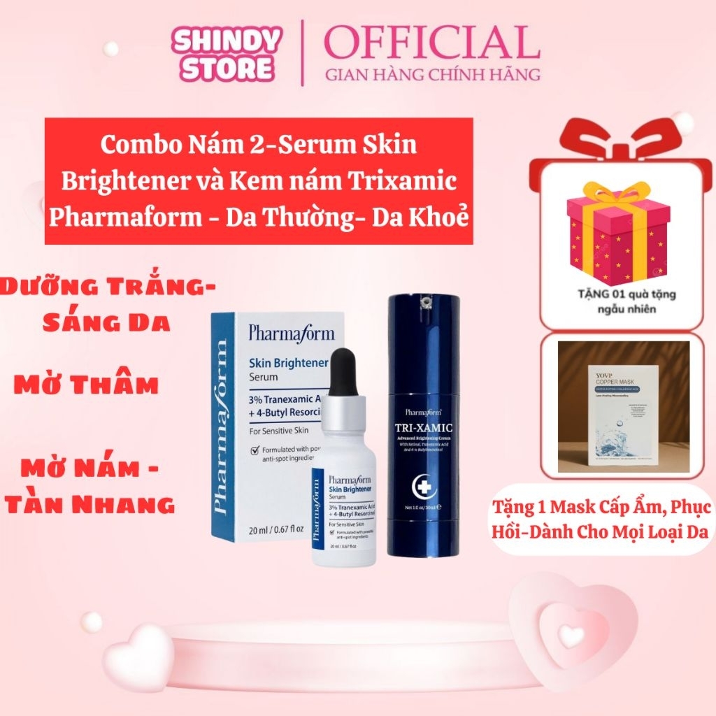 [ TẶNG- 1 Serum Phục Hồi10ml+1 Mask ] Combo Giảm Nám, Trẻ Hóa Da Pharmaform Gồm Serum Skin Brightener+Kem Nám Trixamic