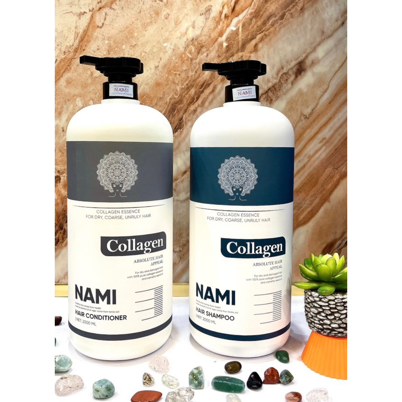 Cặp Dầu Gội Xả Collagen NAMI 2000mlx2 dưỡng ẩm, cấp ẩm, siêu thơm siêu mượt tóc công thức chuẩn salo