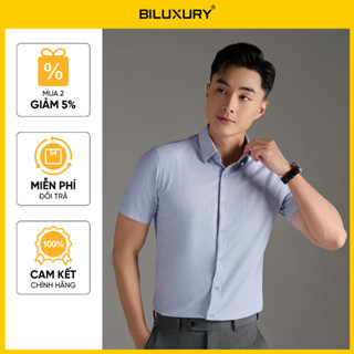[SALE 30%] Áo Sơ Mi Cộc Tay Ghi Xám Hoạ Tiết 9SMCH521GHX Biluxury Form Slimfit Cao Cấp Chống Nhăn