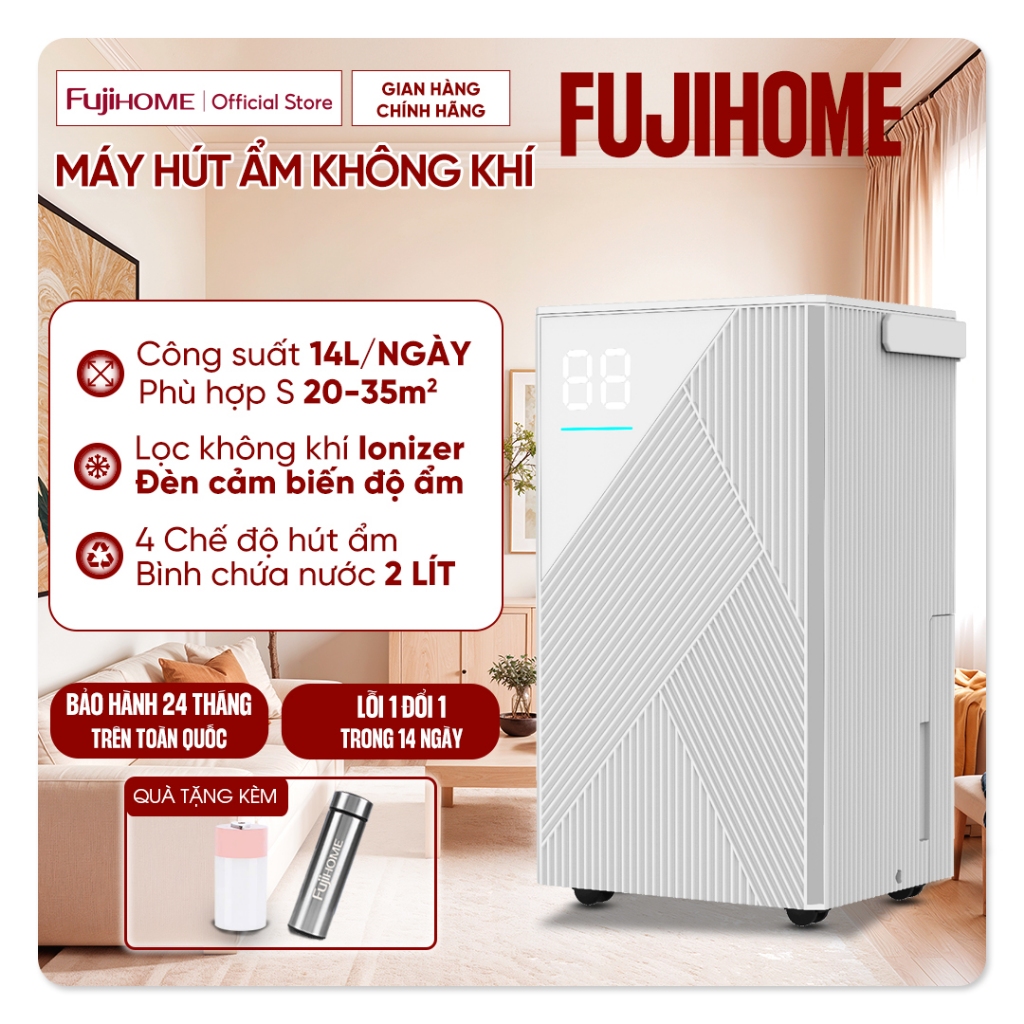 Máy hút ẩm không khí 45m2 nhập khẩu FUJIHOME DH14 lọc không khí ionizer 4 chế độ hút ẩm sấy khô máy nén BLOCK cao cấp