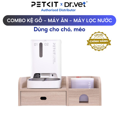 Combo Kệ Gỗ + Máy Cho Ăn Tự Động + Máy Lọc Nước Hỗ Trợ Chống Gù Cho Chó Mèo