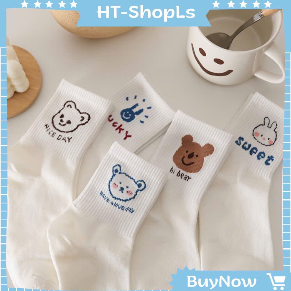 Set 10 đôi Tất vớ gấu trắng cổ cao phong cách Hàn Quốc cho nam nữ HT-SHOPLS