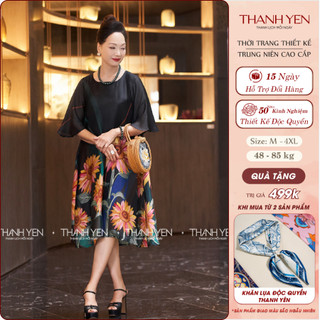  Đầm Trung Niên Lụa Tơ 2 Lớp Thanh Yên – Hướng Dương Rực Rỡ Dáng Suông Nhẹ Nhàng Có Bigsize – CDNT25027BL 