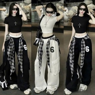  Set bộ nữ áo cổ tròn tay ngắn croptop body phối quần dài suông rộng túi hộp da cá mix dây cột caro cá tính nhauyentrend 