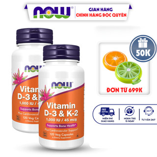 Combo 2 lọ Now Vitamin D3 K2 1000 IU 45 mcg của Mỹ hỗ trợ cho xương chắc khỏe 120 viên