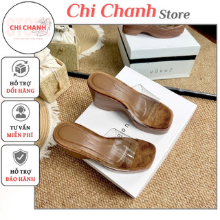  Dép Nữ Đế Xuồng Quai Trong Suốt Đế Cao 9cm Bọc Da Vân Gỗ Thời Trang Hàn Quốc Chất Liệu Nhẹ 