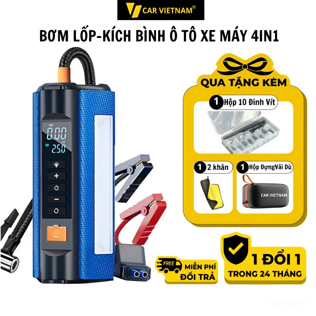Bộ Kích Bình Bơm Lốp Ô tô, Xe Máy 4in1 CAR VIETNAM 12V, Pin 16000mah,Pin LI-PO, Kiêm Sạc Dự Phòng , Đèn Pin Chiếu Sáng