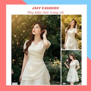 V124 Váy đầm trắng cổ V dáng ôm xoè ngắn đuôi cá [TH RENCY] váy trắng đính ngọc eo tiểu thư