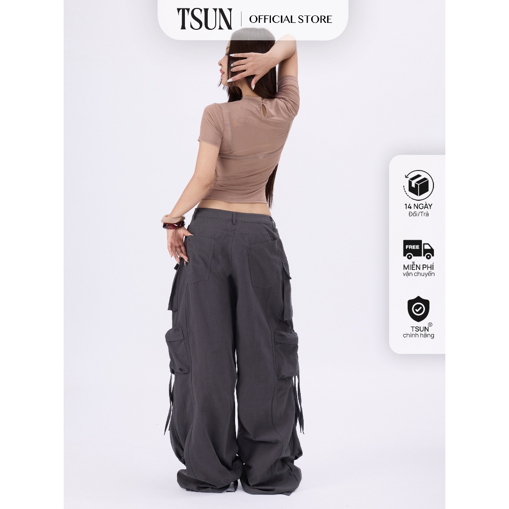 TSUN - Quần Cargo Ống Rộng Baggy Cạp Thấp Nhiều Túi Hộp Xám Than Kaki Y2K Streetwear Cao Cấp | BigBuy360 - bigbuy360.vn