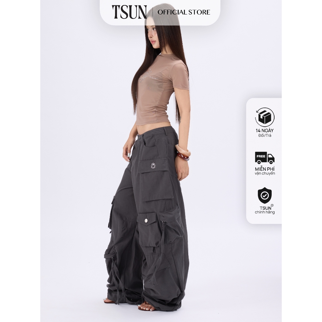 TSUN - Quần Cargo Ống Rộng Baggy Cạp Thấp Nhiều Túi Hộp Xám Than Kaki Y2K Streetwear Cao Cấp | BigBuy360 - bigbuy360.vn