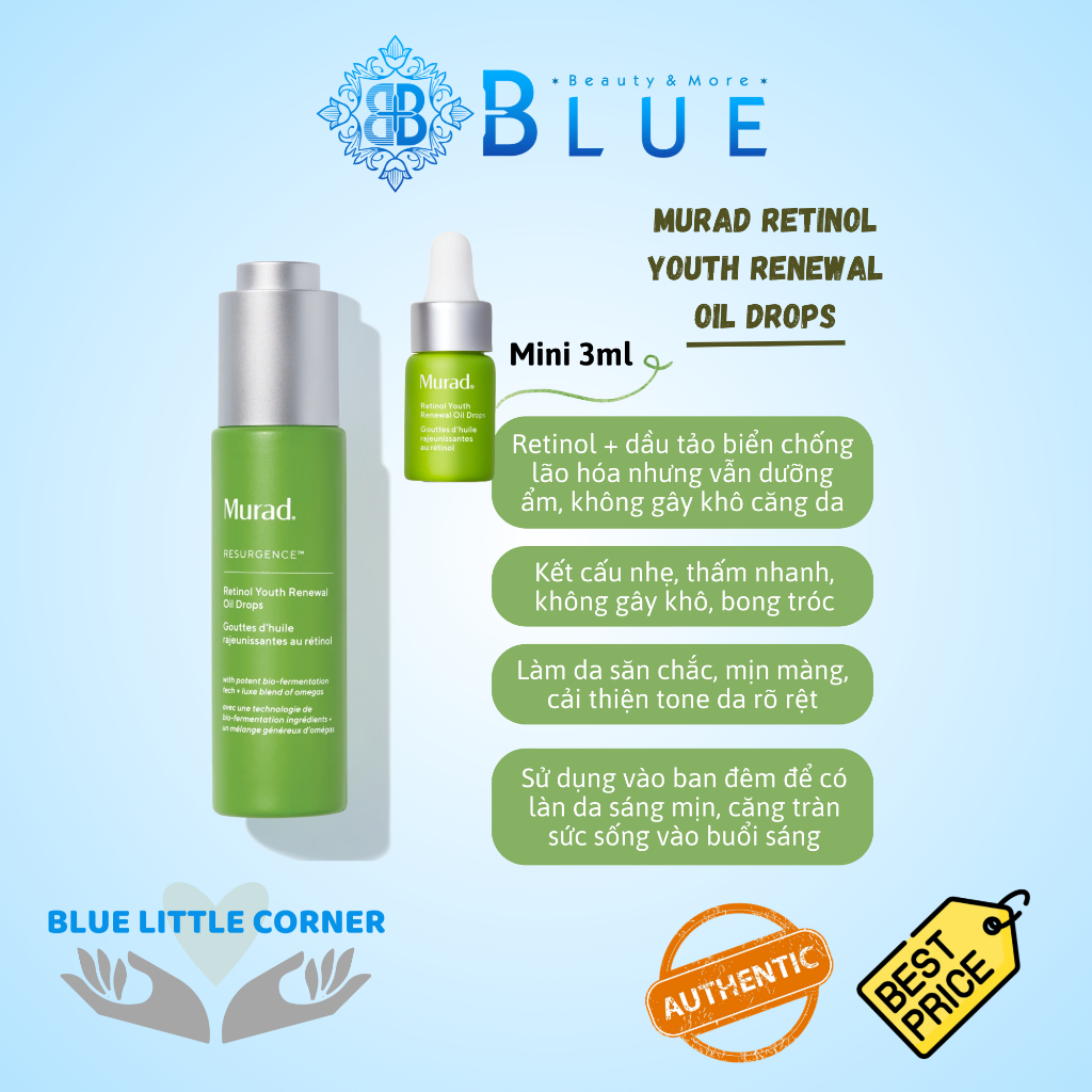 Serum retinol + dầu dưỡng giúp chống lão hóa, cấp ẩm Murad Retinol Youth Renewal Oil Drops 3ml