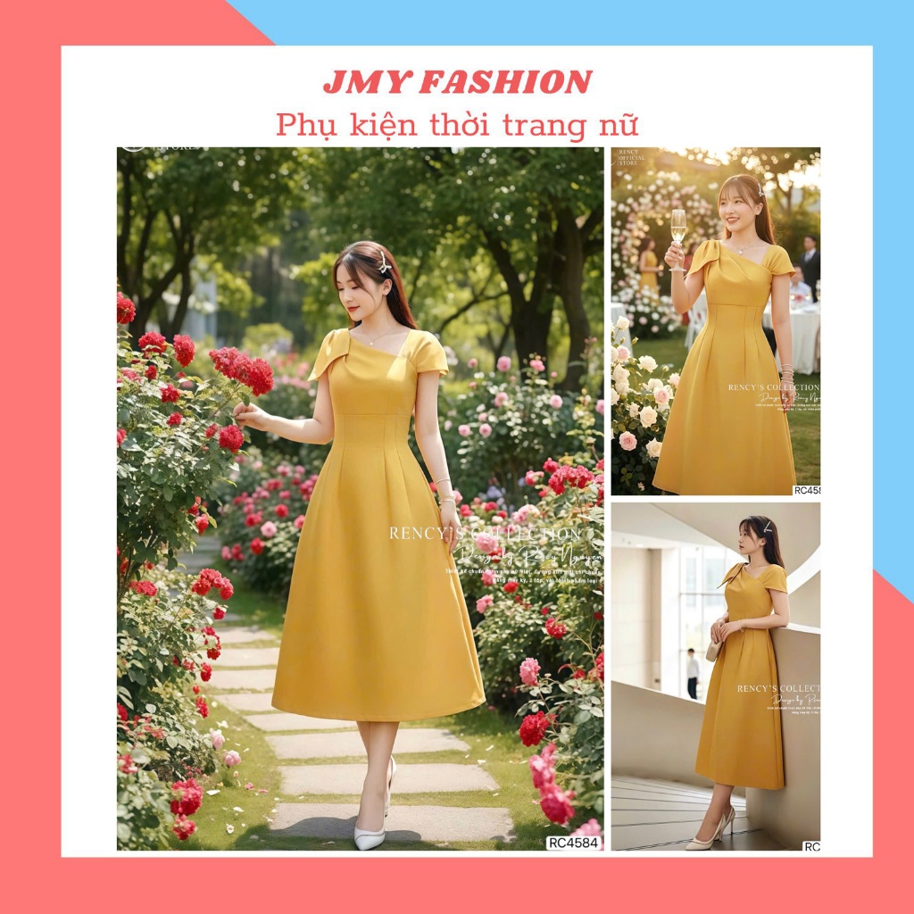 RC4584 Váy xòe vàng nơ vai dáng dài thiết kế dự tiệc [TH RENCY]