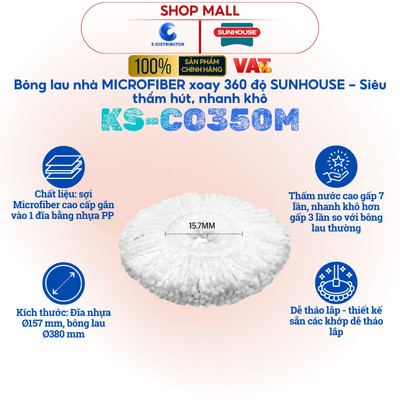 [HỎA TỐC] Bông lau nhà sợi Microfiber xoay 360 độ Sunhouse KS-CO350M - Siêu thấm hút - Hàng chính hãng