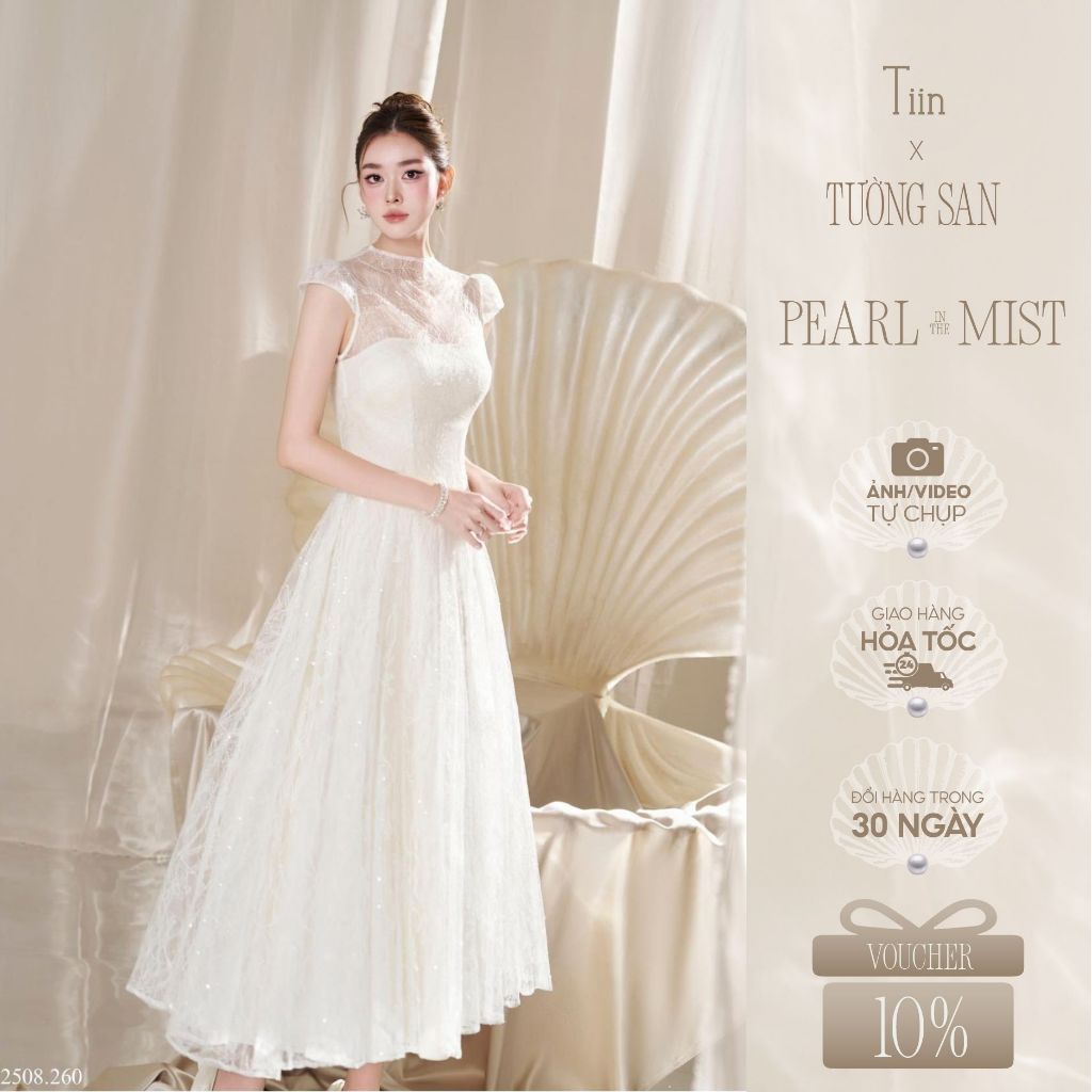 TIINSTORE x TƯỜNG SAN Váy đầm ren kim sa dự tiệc thiết kế cổ tiểu thư sang chảnh VHN.2508.260 