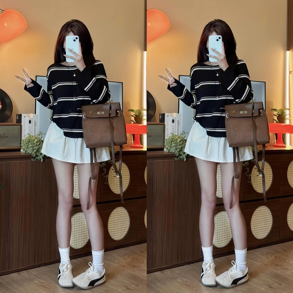  Áo len mỏng kẻ sọc hở lưng áo cardigan cổ tròn dài tay Renee Store - AL1788 