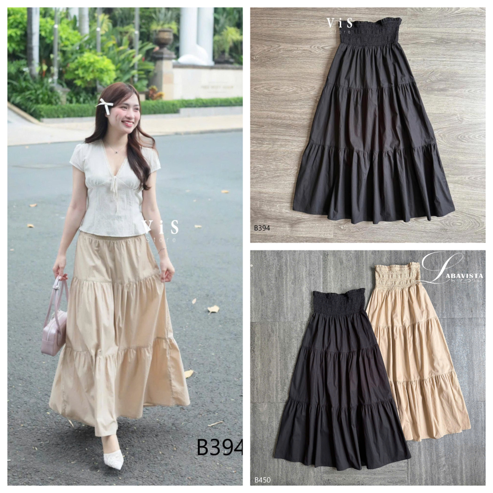 Vis Store - Chân váy maxi 3 tầng lưng bo chun vintage