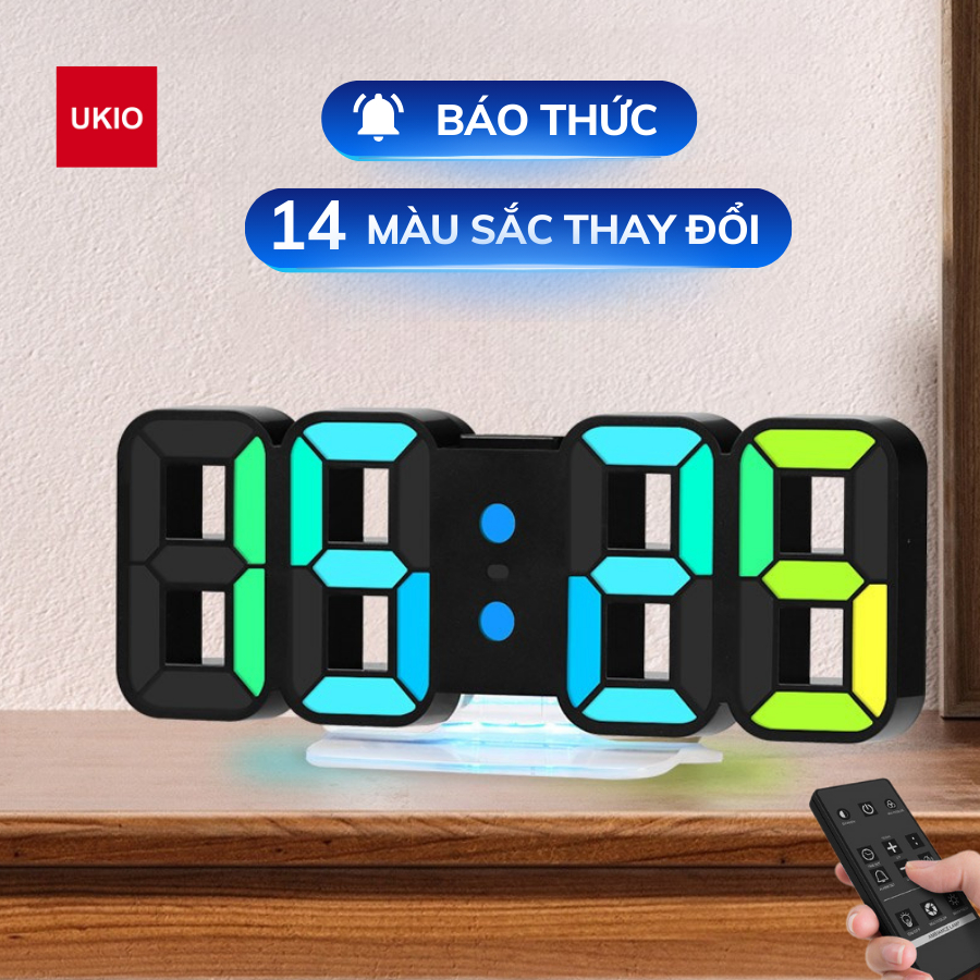 Đồng hồ LED RGB để bàn UKIO 14 chế độ màu sắc, báo thức, decor bàn làm việc, phòng ngủ