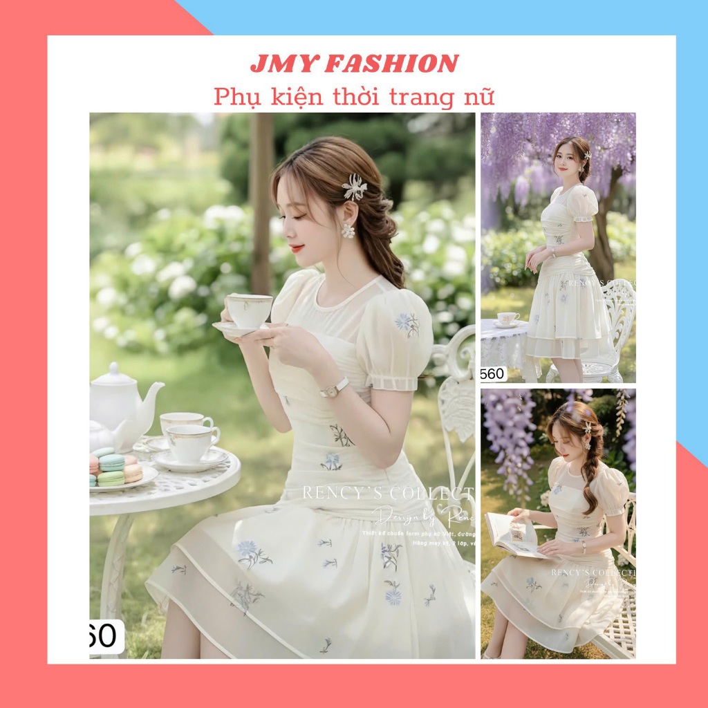 RC560 Váy xòe kem tay bồng hoa nhí thêu dáng ngắn tiểu thư [TH RENCY]