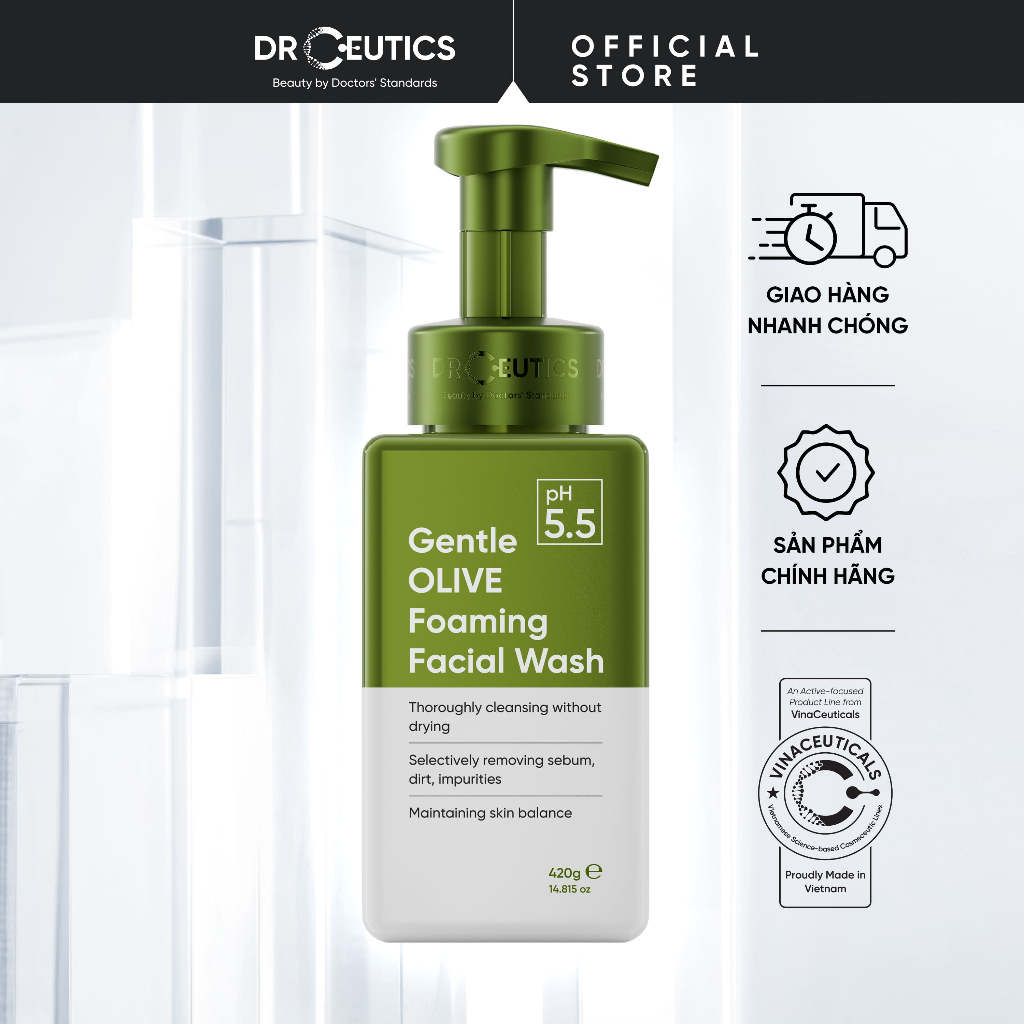 DrCeutics Sữa Rửa Mặt Tạo Bọt Gentle Olive Foaming Facial Wash - Cho Mọi Loại Da, Da Nhạy Cảm 420g