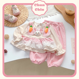  S259 Chun Chin | Set Len Lông Thỏ Hồng Kem Áo Đính Thỏ Cà Rốt Quần Bo Gấu Cho Bé Gái 8-18kg 