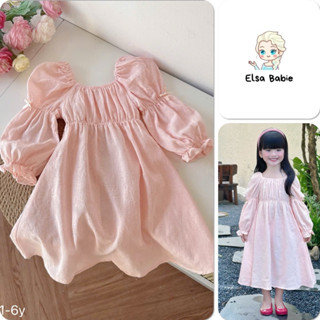 Đầm váy bé gái ElsaBabie hồng kiểu tiểu thư tay phồng chất thô mềm thêu
